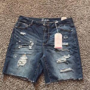 Ripped Blue Denim Mid Rise Shorts